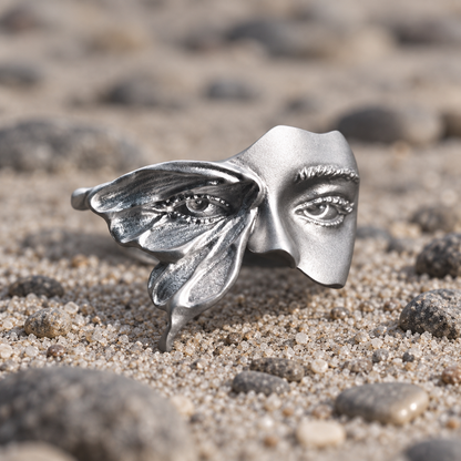 ANHOLANDO Face and Leaf Ring on coastal gravel